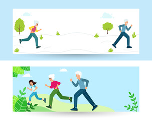 Family sports. Grandmother, grandfather and child run in city Park doing sports. Vector illustration in modern flat style. Concept healthy lifestyle