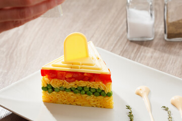 Vegetarian food serving,, rice salad with vegetables, healthy meals