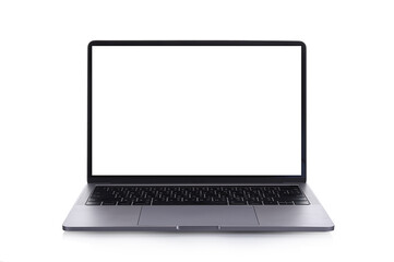 Fototapeta premium Laptop with blank screen isolated on white background, white aluminium body.