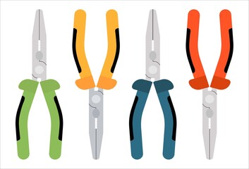 Set of Colored Pliers tool icon. Yellow, red, green, blue colored handles, thin metallic sponge pliers. Flat illustration vector icon for web design.
