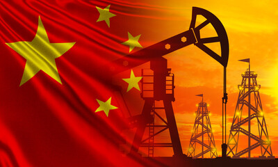 Oil industry of China. Oil pump next to the PRC Falg. Concept - crude petroleum production in...