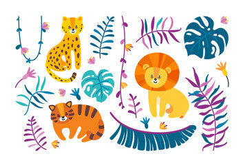 Obraz na płótnie Canvas Isolated big cats with jungle leaves and lianas. Leopard, lion and tiger with different plants. Template with tropical theme. Vector illustration in flat style