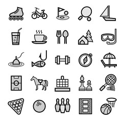 Active recreation and leisure, icons, set, gray. Gray images with a black outline. Sports and intellectual games. Passive rest. Vector.  
