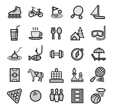 Active recreation and leisure, icons, set, gray. Gray images with a black outline. Sports and intellectual games. Passive rest. Vector.  
