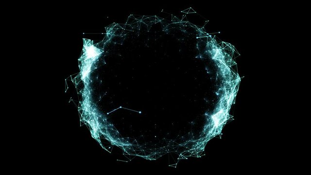 Neural Network Sphere, Visualization of AI, Artificial Intelligence web, futuristic computing power, circular network of blue and cyan dots and lines moving smoothly in space, 4K.