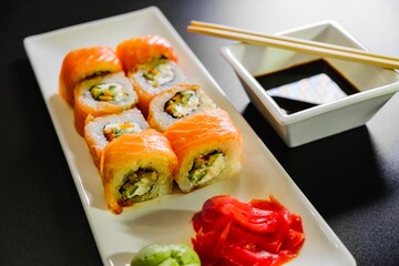 Japanese sushi seafood roll restaurant, background.