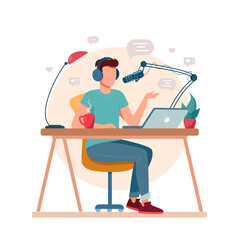 Fototapeta premium stylish podcast presenter with a microphone talking live in studio. Man is DJ on the radio, sitting at a table and recording a podcast. Concept of podcasting and broadcasting. Vector flat, isolated