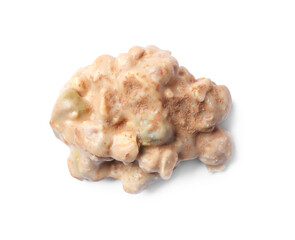 Delicious chocolate candy with nuts isolated on white, top view