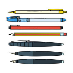 Set of pens, automatic and regular pencils, calligraphy pen. Stationery for writing and drawing. School supplies. Color vector illustration. Doodle style. Hand - drawn isolated on a white background.