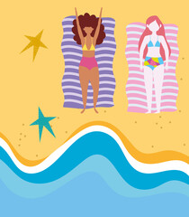 Fototapeta na wymiar summer people activities, women resting on towels in the sand, seashore relaxing and performing leisure outdoor