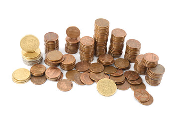 Many different stacked coins isolated on white