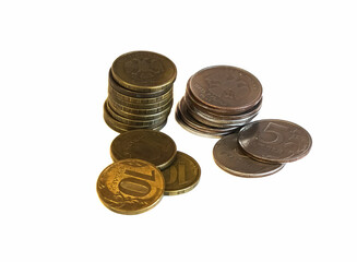 Russian coins and paper banknotes on an isolated background