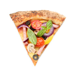 Slice of delicious pizza isolated on white, top view