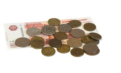 Russian coins and paper banknotes on an isolated background