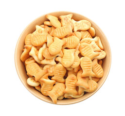 Delicious goldfish crackers in bowl isolated on white