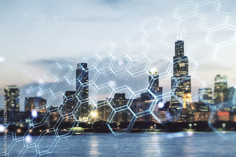 Poster abstract virtual wireless technology hologram with hexagon on chicago skyline background. big data a