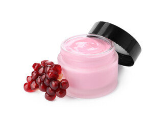 Fresh pomegranate and jar of facial mask on white background. Natural organic cosmetics