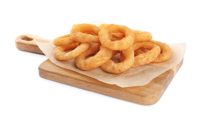 Delicious golden onion rings isolated on white