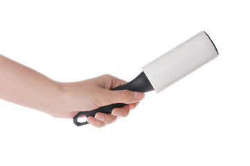 Woman holding lint roller on white background, closeup