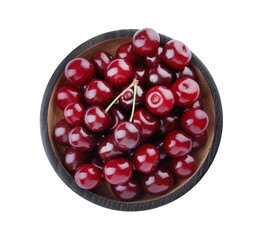 Sweet juicy cherries in bowl isolated on white, top view