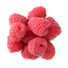 Pile of fresh ripe raspberries isolated on white, top view