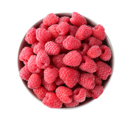 Delicious fresh ripe raspberries in bowl isolated on white, top view