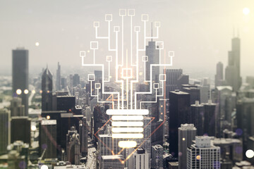 Virtual creative light bulb illustration with microcircuit on Chicago cityscape background, future technology concept. Multiexposure