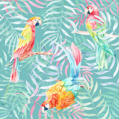 Summer pattern with green and pink watercolor palm leaves and parrots on color background. Tropical print. Hand drawn illustration