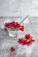 Ice cream in a glass bowl and red summer berries currants and raspberries on a light background; Summer still life, close-up, refreshing treat