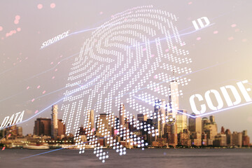 Abstract virtual fingerprint hologram on New York city skyline background. Multiexposure