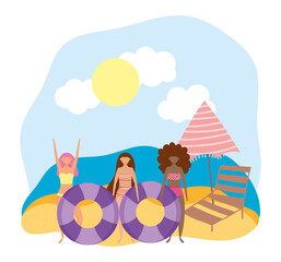 summer people activities, cheerful girls with floats chair and umbrella, seashore relaxing and performing leisure outdoor