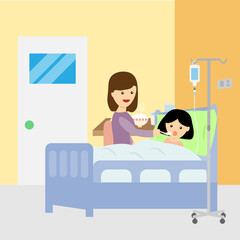 Mother feeding her daughter porridge who lying on bed in the hospital's room vector
