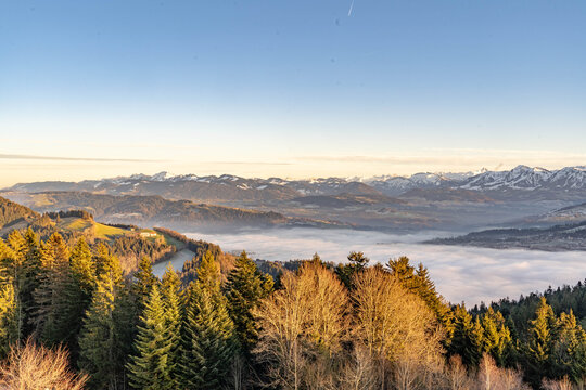 Panoramic view in the alps. From Pfaender mountain top. Landscape in winter
