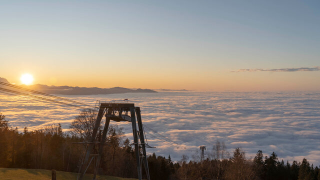 Over the clouds. View from Pfaender at the lake of constance. Cable car.