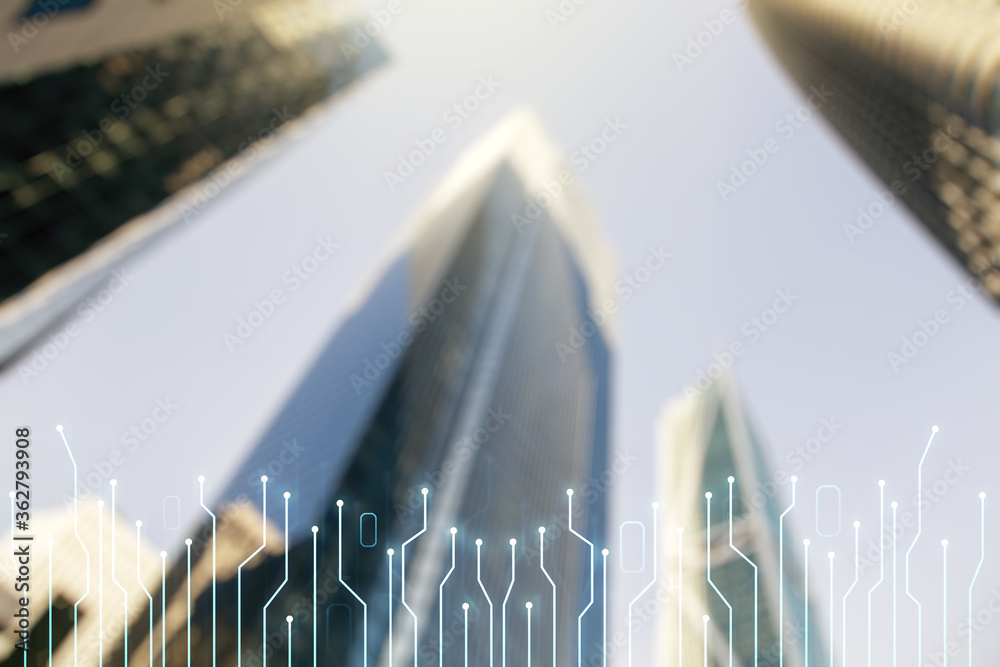 Poster abstract virtual micro circuit sketch on blurry cityscape background, future technology and ai conce