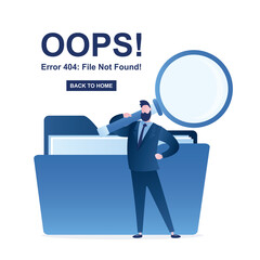 404 Error,file not found- webpage template. Man clerk search files data with magnifying glass in folder. File manager, documents in database