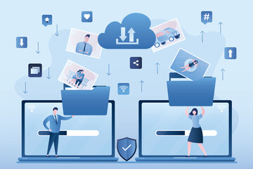 Users upload and download media content. People holding folders with various files. Online cloud technology, social network.