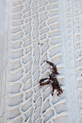 Distinct prints of 4 wheel driving tracks on sand