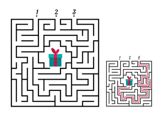 Square maze labyrinth game for kids. Labyrinth logic conundrum. Three entrance and one right way to go. Vector flat illustration isolated on white background. © Chorna_L