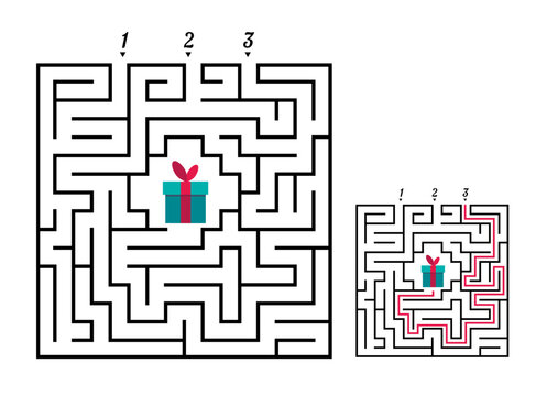 Square maze labyrinth game for kids. Labyrinth logic conundrum. Three entrance and one right way to go. Vector flat illustration isolated on white background.
