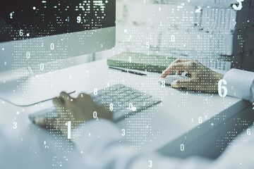 Multi exposure of abstract graphic coding sketch with world map and hands typing on computer keyboard on background, big data and networking concept