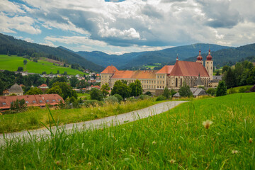 Panorama of Baroque monastery of Benidiktirner stift in Lambrecht on a cloudy dayy. Big and bold...