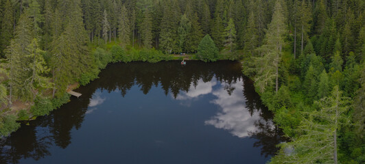 Drone aerial panoramic view of Podolerteich a beautiful alpine lake in the middle of the forest with visible wooden pier.
