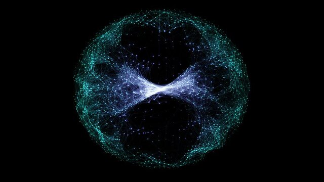 Glowing Neural Network Sphere, Visualization of AI, Artificial Intelligence web, futuristic computing power, circular network of purple and blue dots and lines moving in an energy vortex in space, 4K.