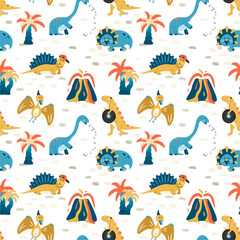 Fototapeta premium Seamless pattern of dinosaurs, palm tree, volcano. Colorful seamless texture for kids. Swatch of cartoon background. Stock vector illustration on white background.