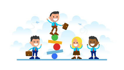 Businessman trying to balance on ball and seesaw.
