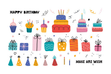 Birthday party. Birthday cake, cupcake, gift, holiday hat, lettering. Set of holiday elements for posters, cards, banners, invitations. Holiday celebration, party decoration. Hand drawn vector flat.