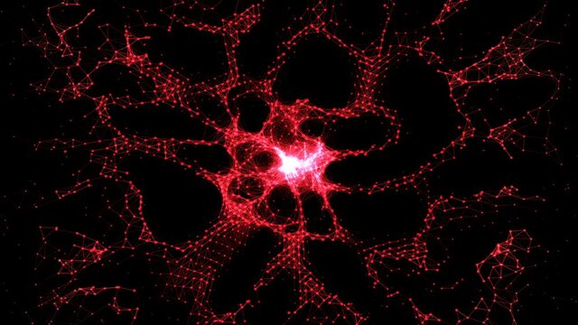 Organic Neural Network Infected by Virus, Evil Artifical Intelligence, Compromised Data, Immune System getting attacked, red dots and lines create viral network, smooth, 4K.