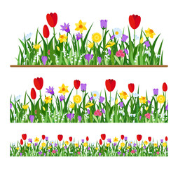 Vector set of spring wild forest and garden flowers isolated on white. Seamless Flowers Border with tulip, crocus, daffodil, lily of the valley, chamomile, snowdrop for holiday and summer background
