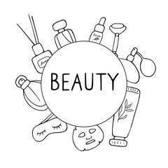 Beauty salon. Skin care elements, cosmetics products, beauty tools. Vector hand drawn illustration